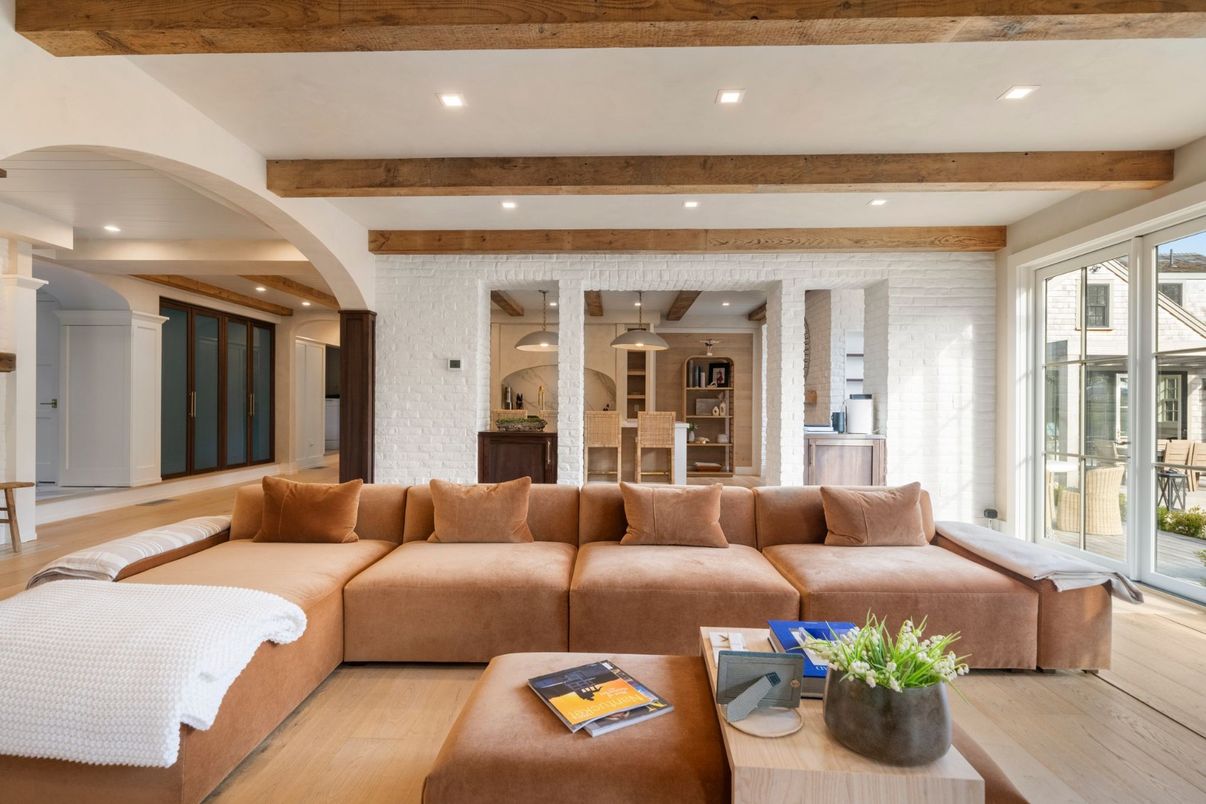 Interior, Living room, Recessed Lighting, Wooden Beams, Wood Texture Flooring