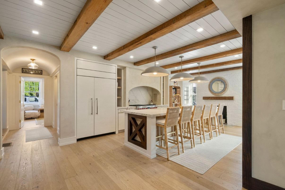 Interior, Kitchen, Pendant Lights, Recessed Lighting, Wooden Beams, Wood Texture Flooring