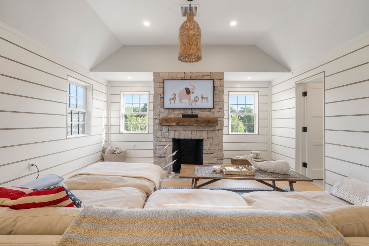 Fireplace, Interior, Living room, Recessed Lighting, Stone Walls