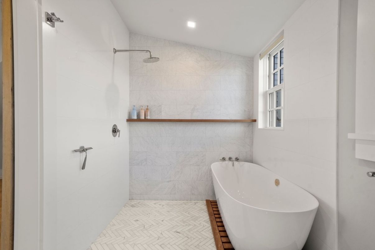 Bathroom, Free Standing Baths, Interior, Marble Walls, Recessed Lighting