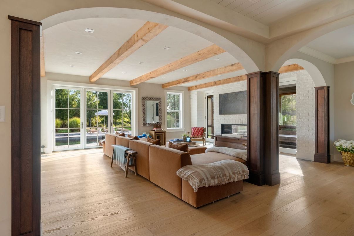 Fireplace, Interior, Living room, Recessed Lighting, Wooden Beams, Wood Texture Flooring