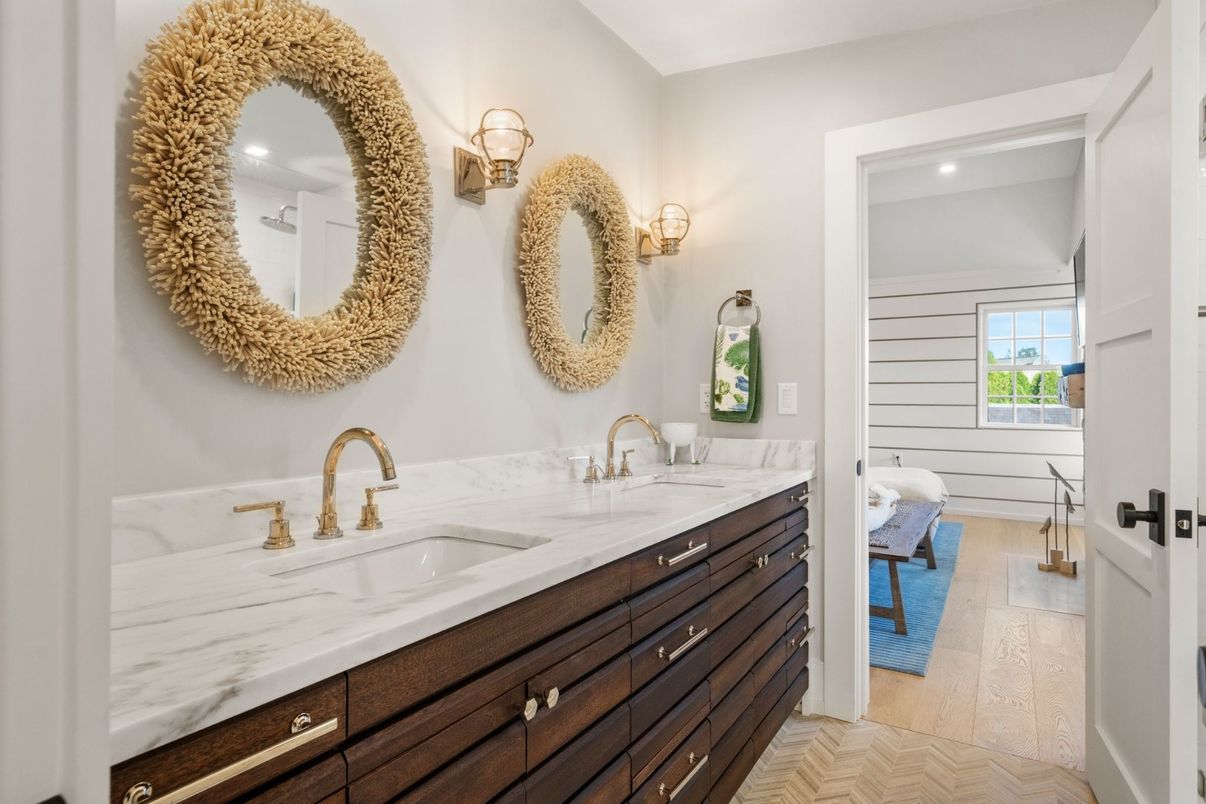 Bathroom, Dual Sink Vanities, Interior, Recessed Lighting, Wood Texture Flooring