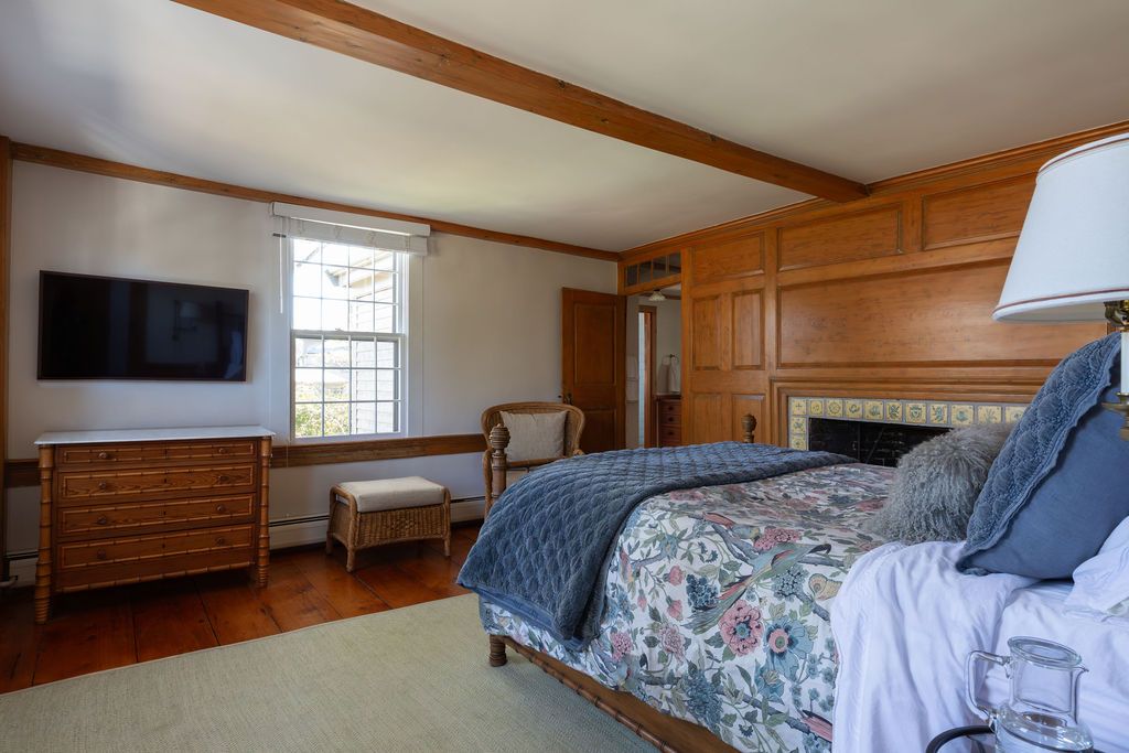 Bedroom, Fireplace, Interior, Wooden Beams, Wood Texture Flooring