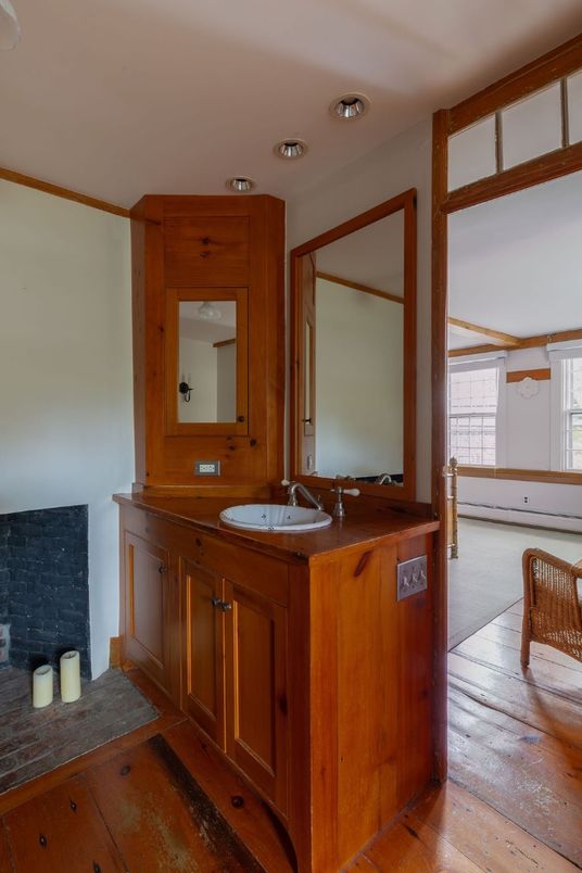 Bathroom, Dual Sink Vanities, Interior, Recessed Lighting, Wood Texture Flooring