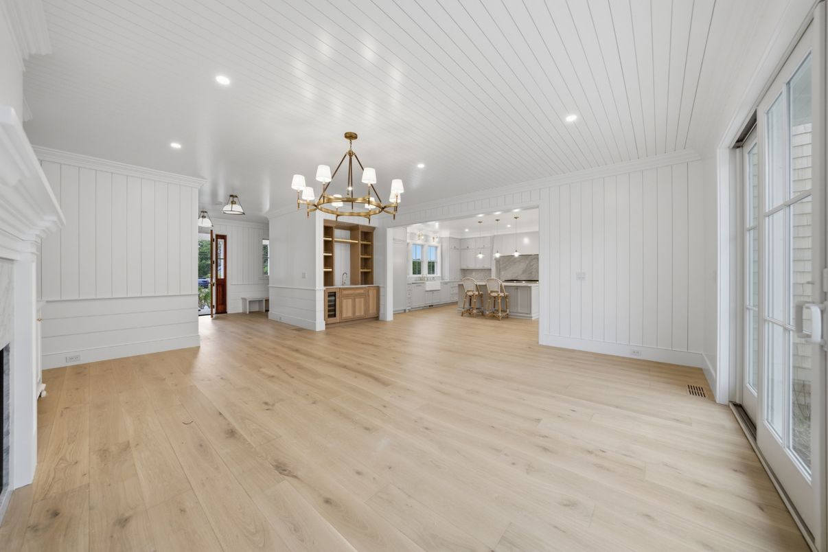 Chandelier, Dining room, Empty room, Interior, Recessed Lighting, Wood Texture Flooring