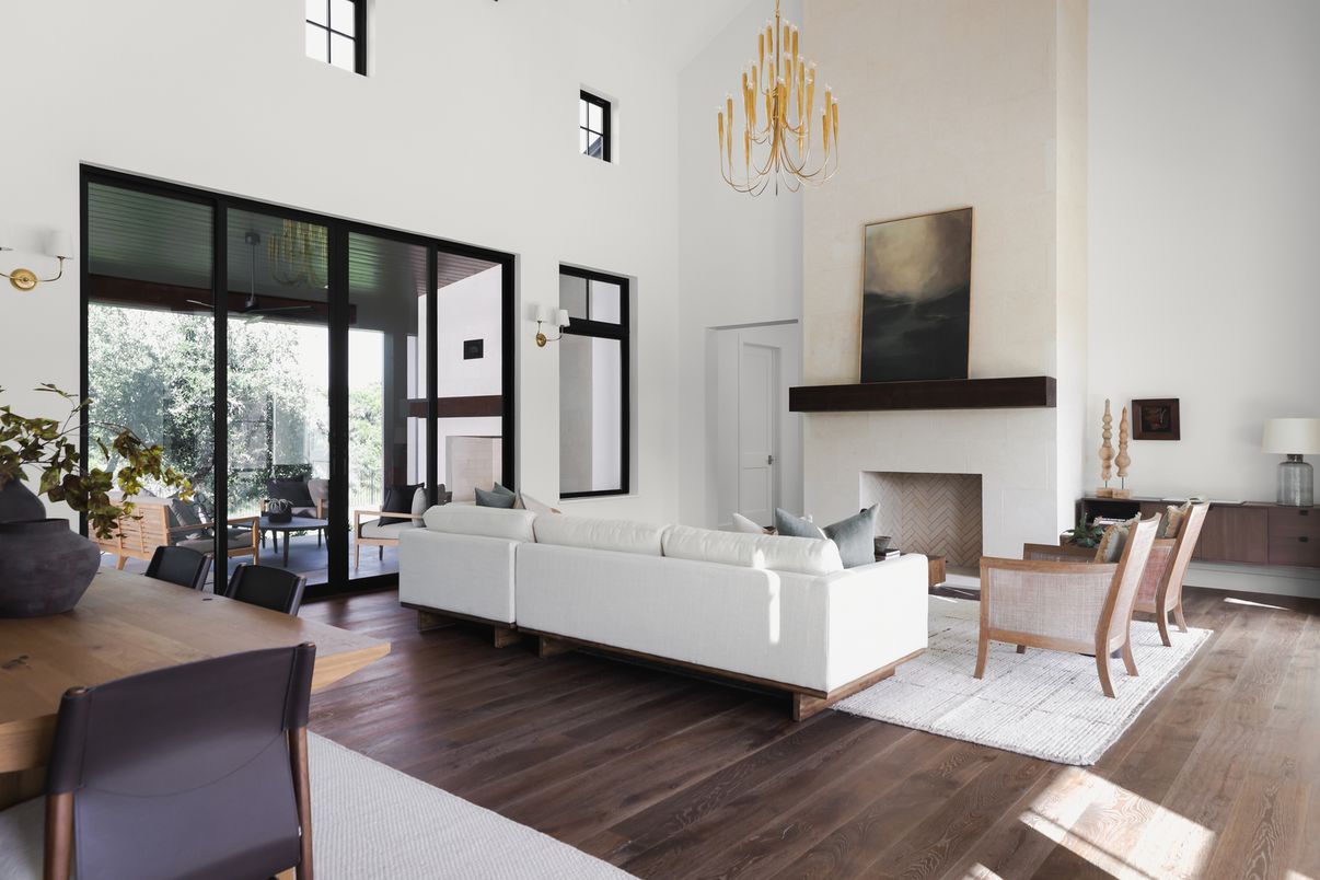 Chandelier, Dining room, Fireplace, Interior, Living room, Wood Texture Flooring