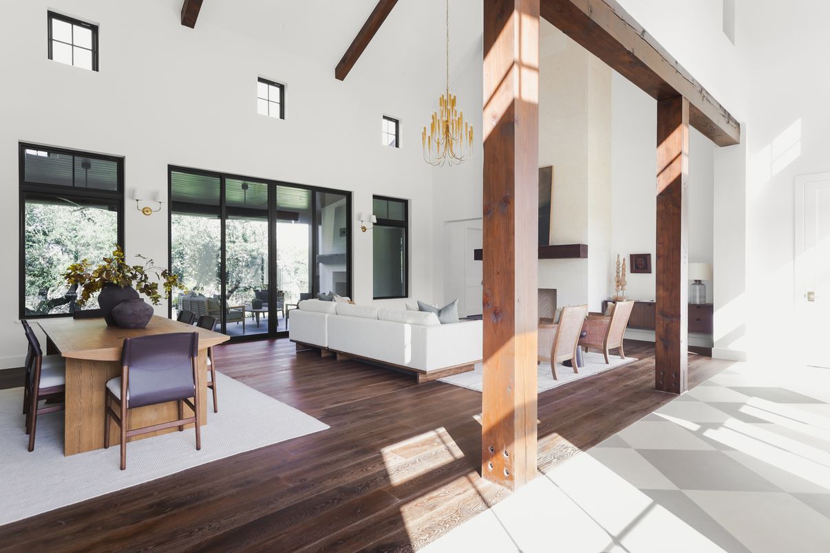 Chandelier, Dining room, Interior, Living room, Pendant Lights, Wooden Beams, Wood Texture Flooring