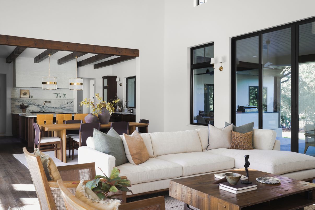 Dining room, Interior, Living room, Pendant Lights, Wooden Beams, Wood Texture Flooring