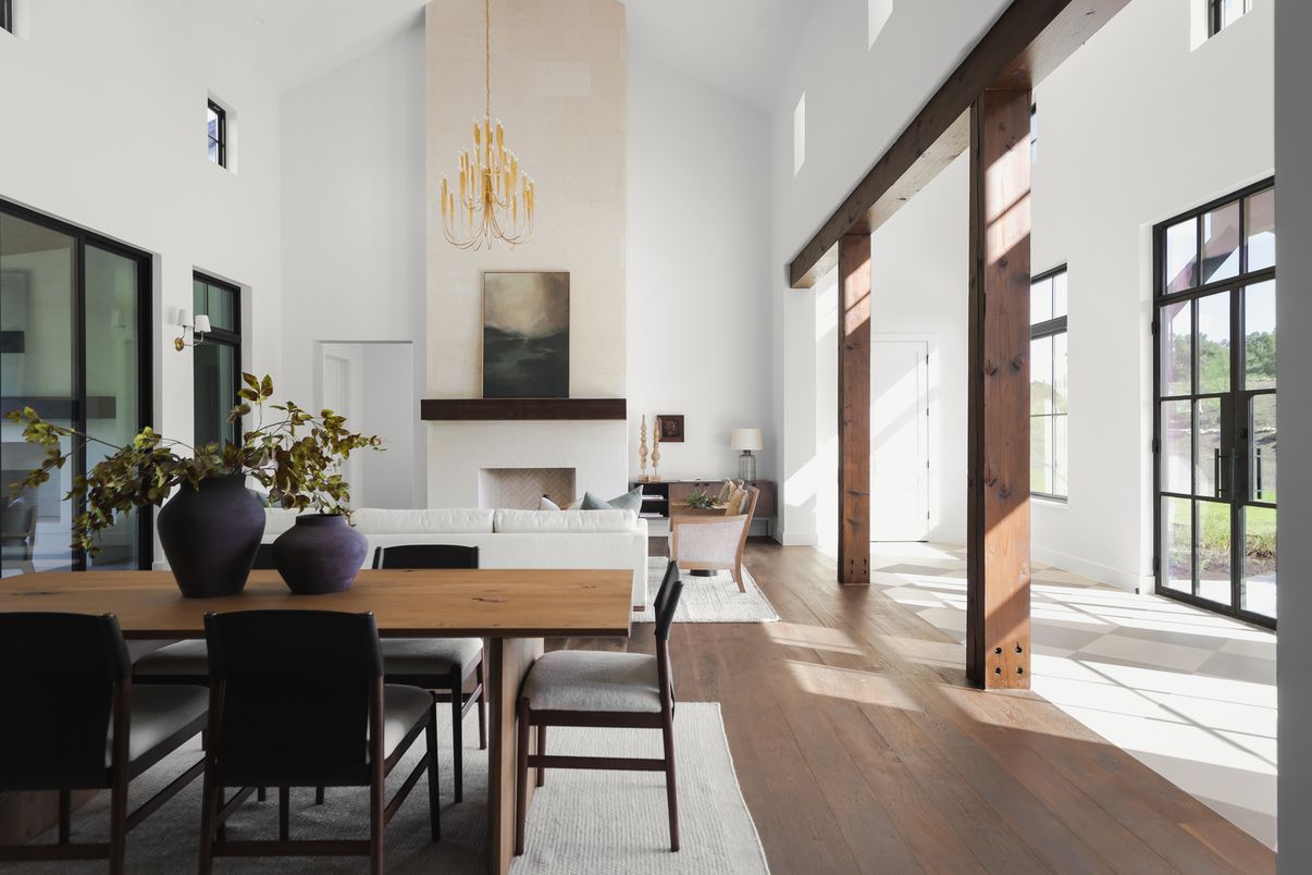 Dining room, Fireplace, Interior, Pendant Lights, Wood Texture Flooring