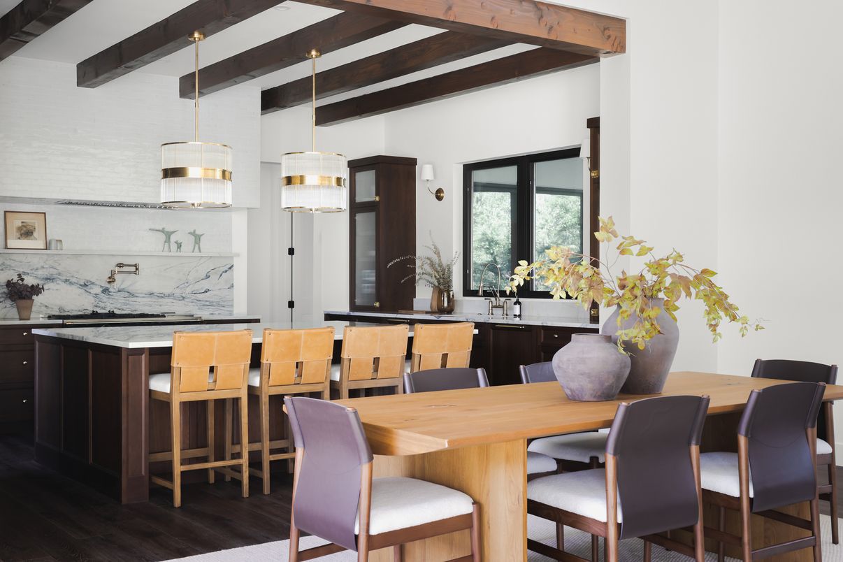 Dining room, Interior, Kitchen, Marble Walls, Pendant Lights, Wooden Beams, Wood Texture Flooring