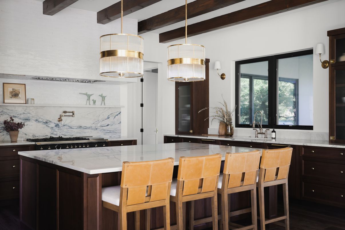 Interior, Kitchen, Marble Walls, Pendant Lights, Wooden Beams, Wood Texture Flooring