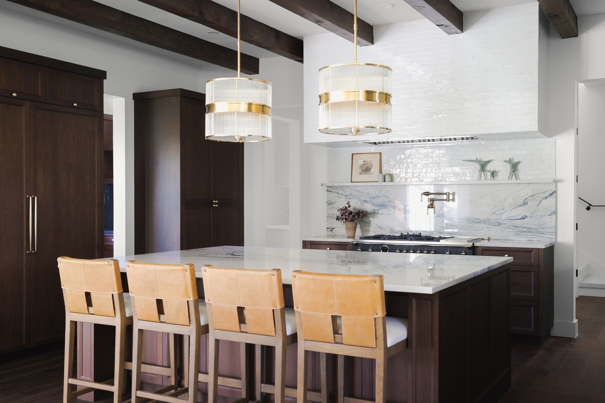 Interior, Kitchen, Marble Walls, Pendant Lights, Wooden Beams, Wood Texture Flooring