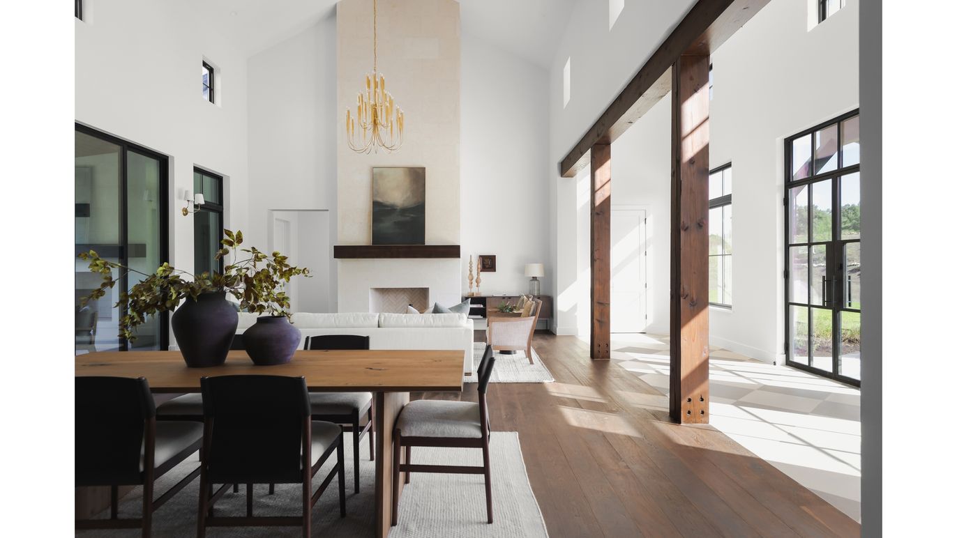 Dining room, Fireplace, Interior, Pendant Lights, Wood Texture Flooring