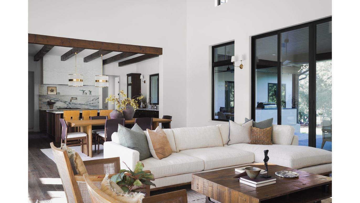 Dining room, Interior, Living room, Pendant Lights, Wooden Beams, Wood Texture Flooring