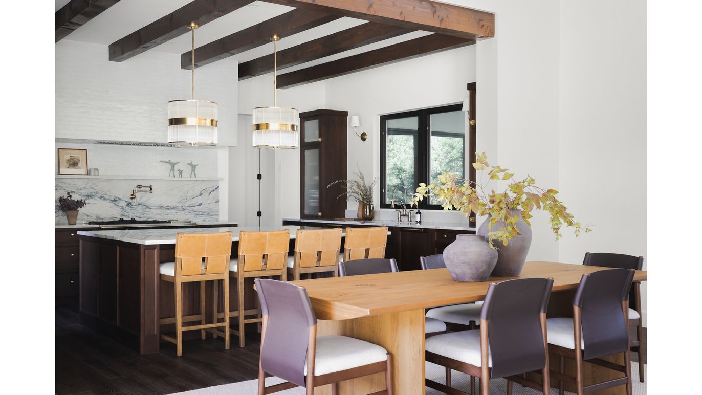Dining room, Interior, Marble Walls, Pendant Lights, Wooden Beams, Wood Texture Flooring