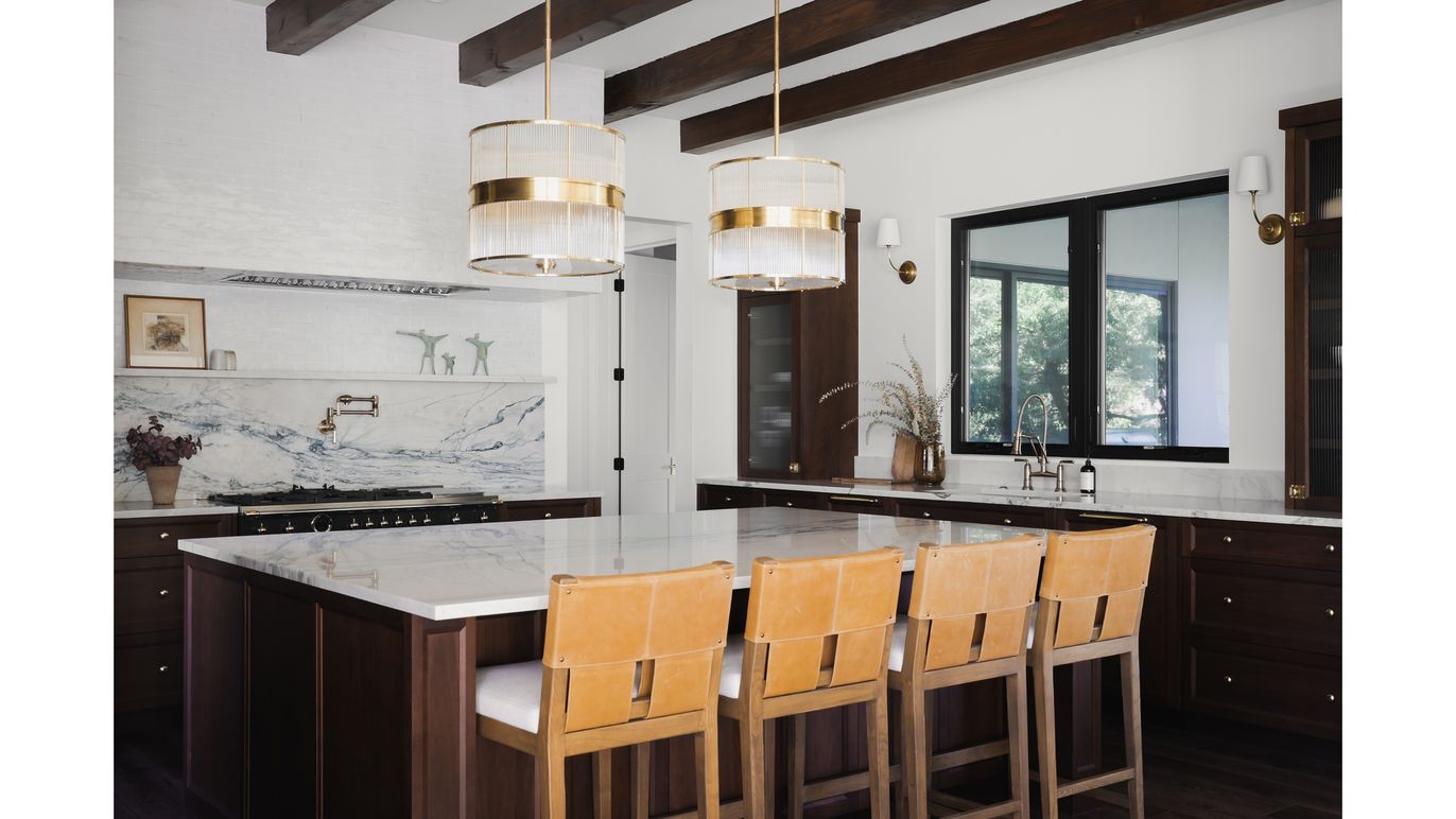 Interior, Kitchen, Marble Walls, Pendant Lights, Wooden Beams, Wood Texture Flooring