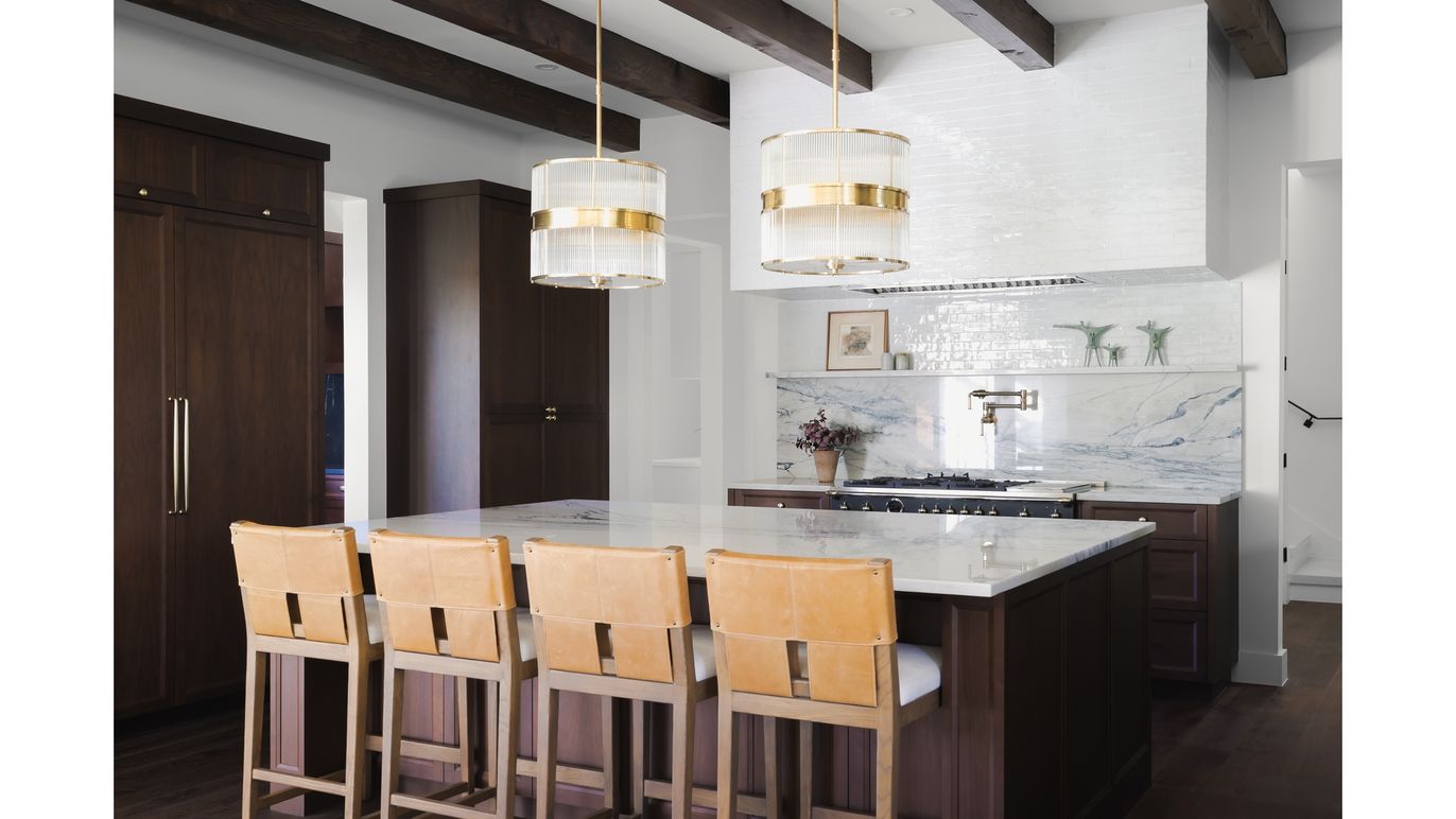 Interior, Kitchen, Marble Walls, Pendant Lights, Wooden Beams, Wood Texture Flooring