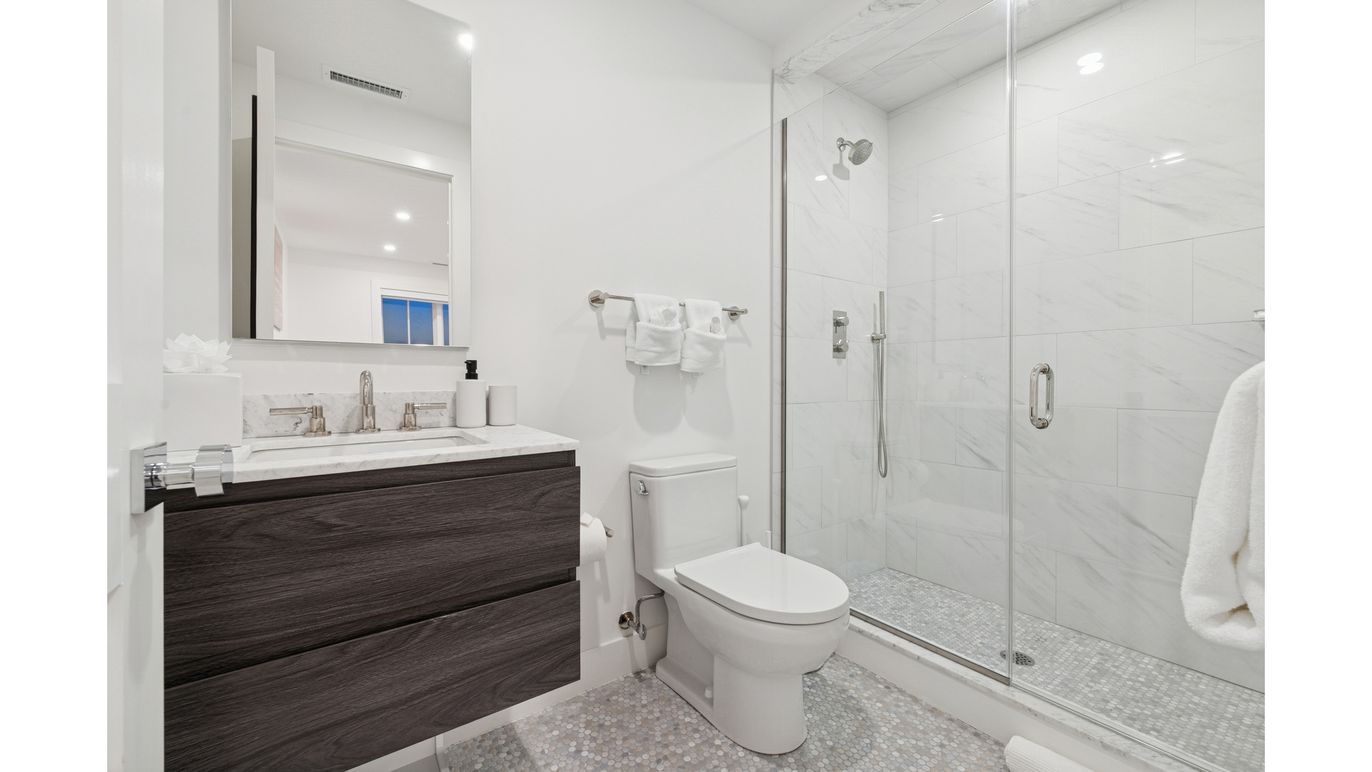 Bathroom, Glass Shower, Interior, Marble Walls, Recessed Lighting