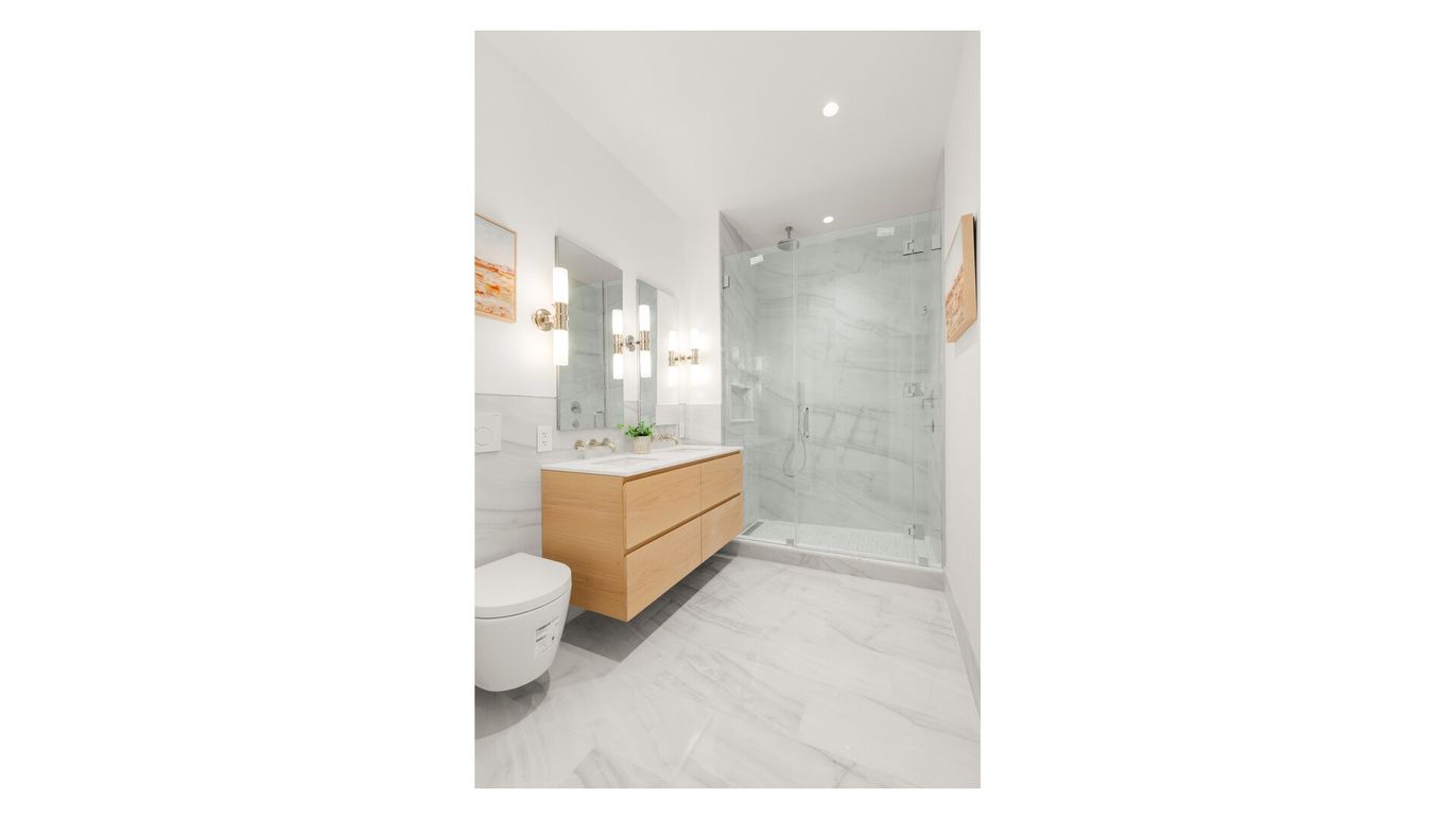Bathroom, Glass Shower, Interior, Marble, Marble Walls, Recessed Lighting