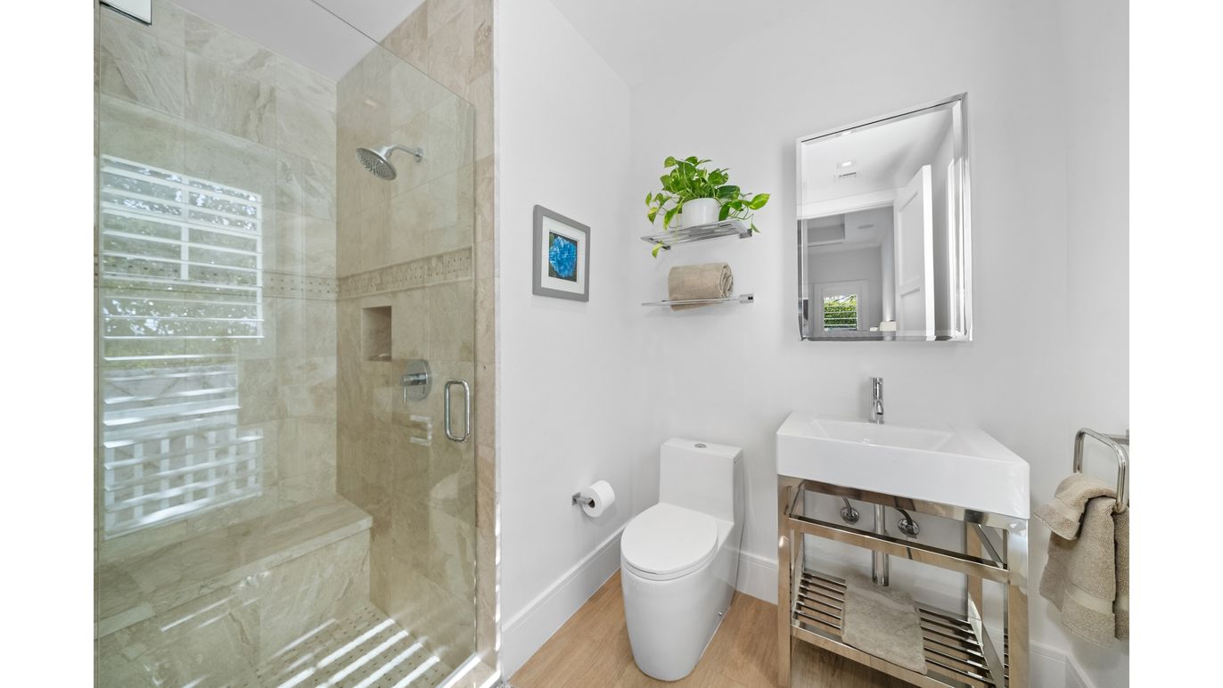 Bathroom, Glass Shower, Interior, Recessed Lighting, Wood Texture Flooring