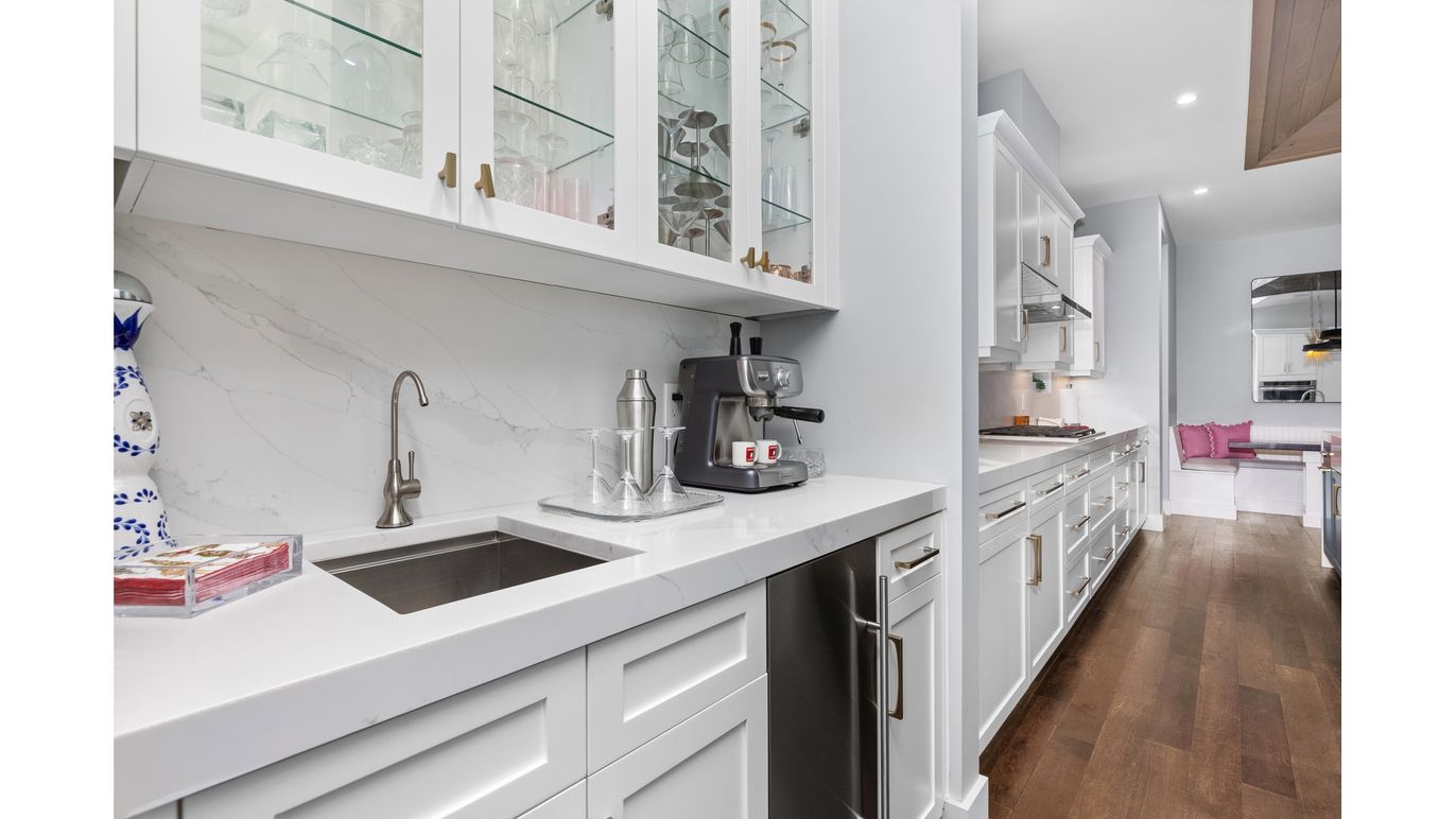 Interior, Kitchen, Marble Walls, Recessed Lighting, Wood Texture Flooring