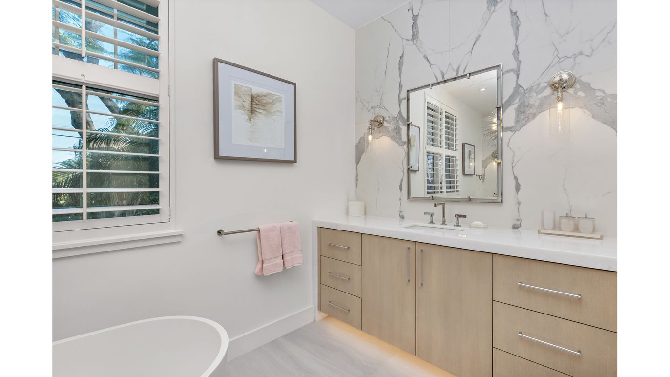 Bathroom, Interior, Marble Walls, Wood Texture Flooring