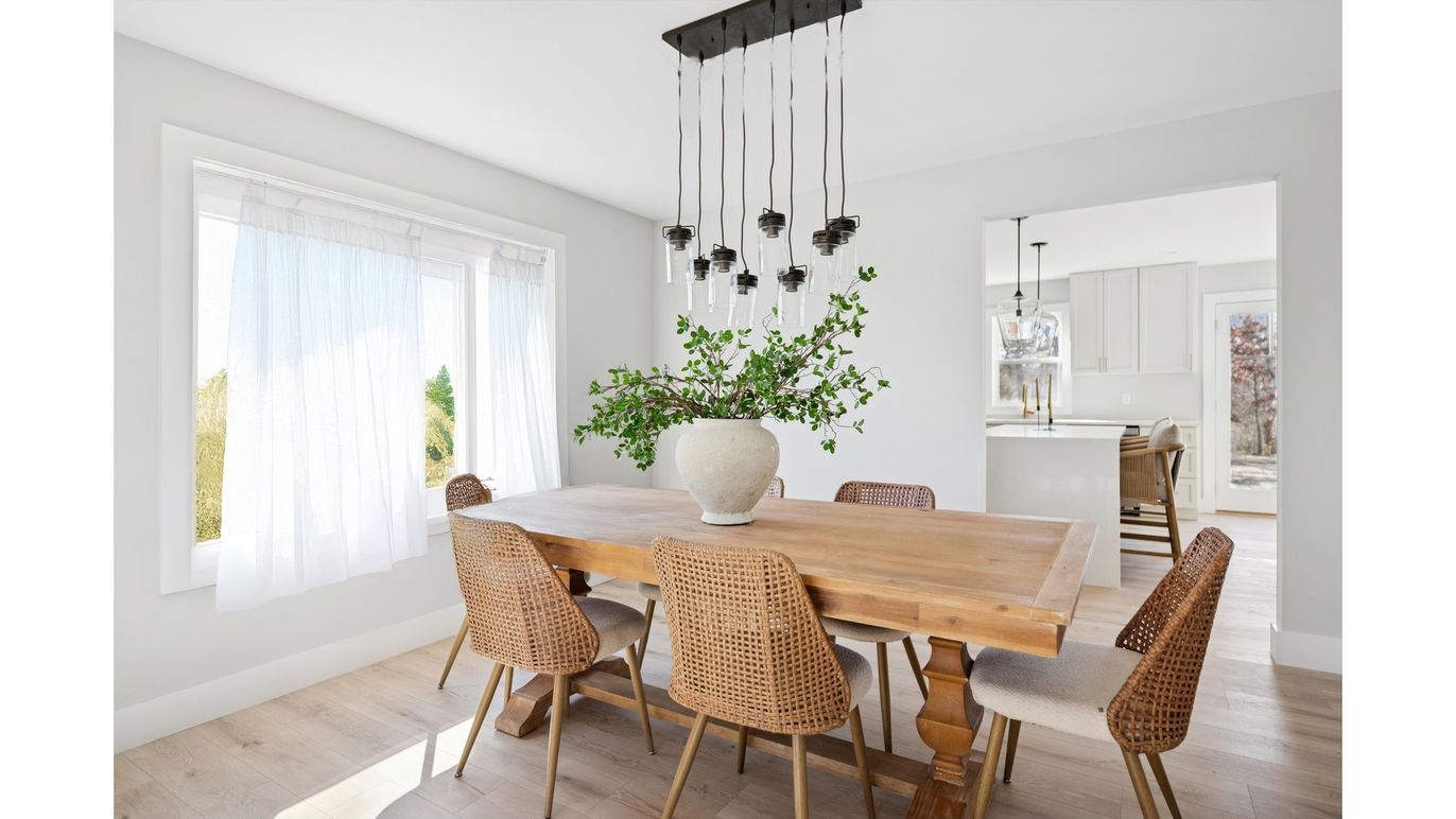Dining room, Interior, Pendant Lights, Wood Texture Flooring