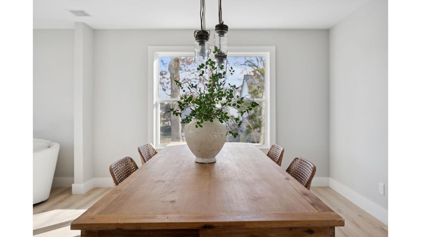 Dining room, Interior, Pendant Lights, Wood Texture Flooring