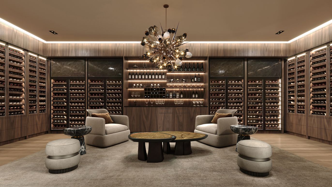 Chandelier, Interior, Pendant Lights, Recessed Lighting, Wine Storage, Wood Texture Flooring