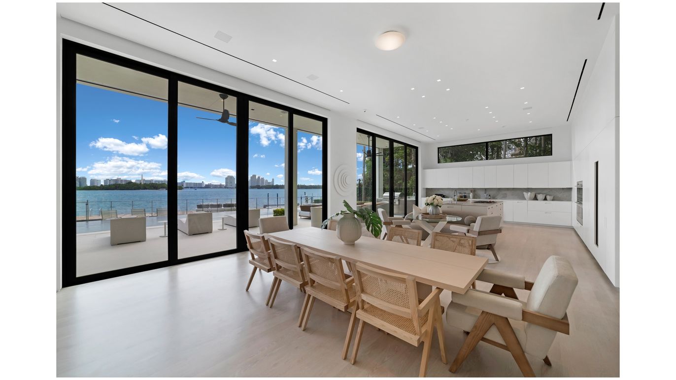 Dining room, Interior, Living room, Recessed Lighting, Water, Wood Texture Flooring