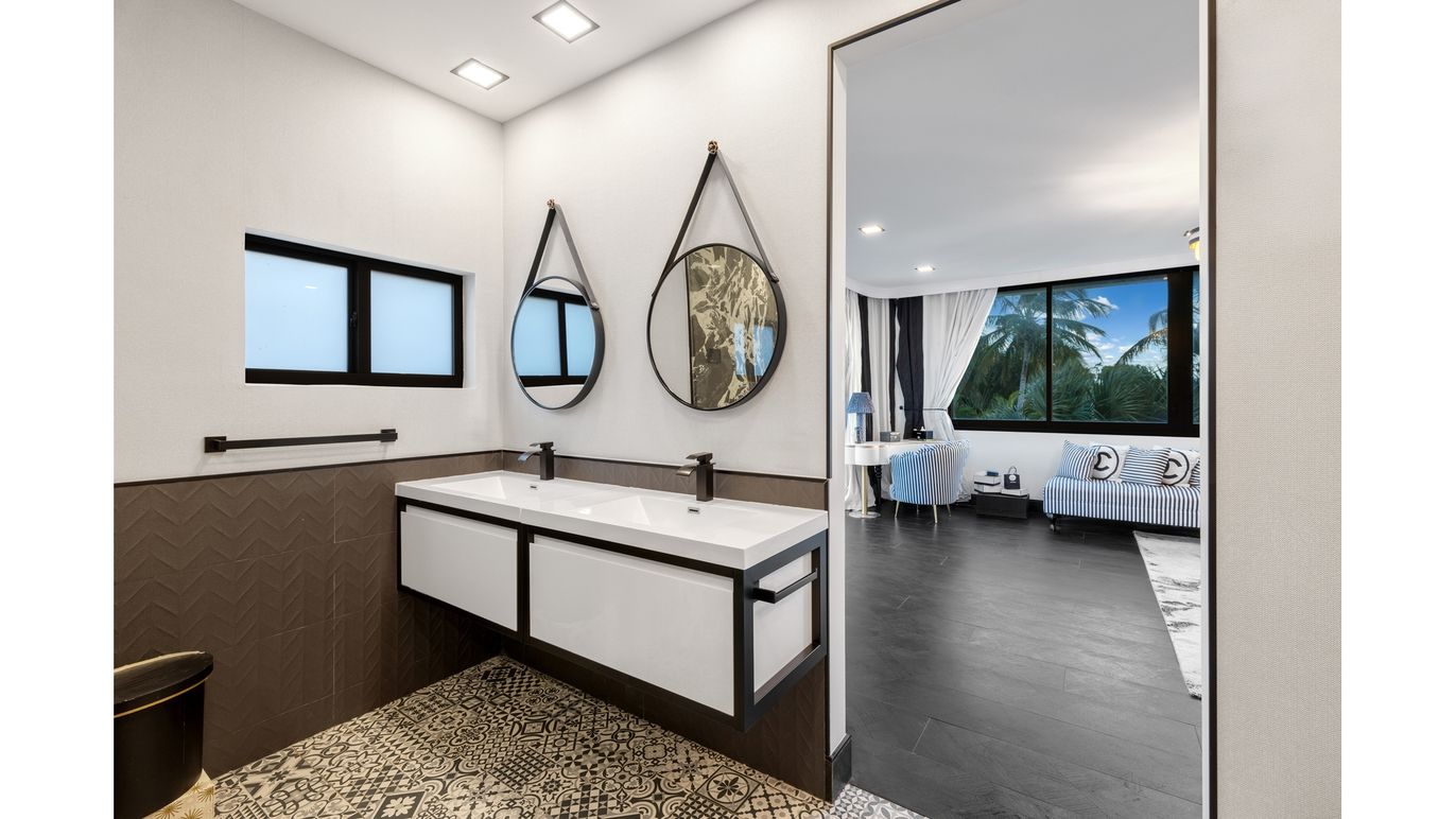 Bathroom, Dual Sink Vanities, Interior, Recessed Lighting, Wood Texture Flooring