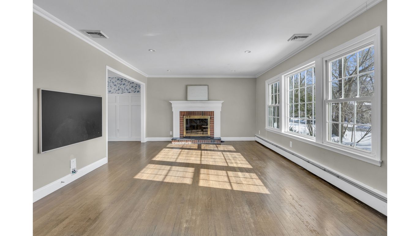 Empty room, Fireplace, Interior, Recessed Lighting, Wood Texture Flooring