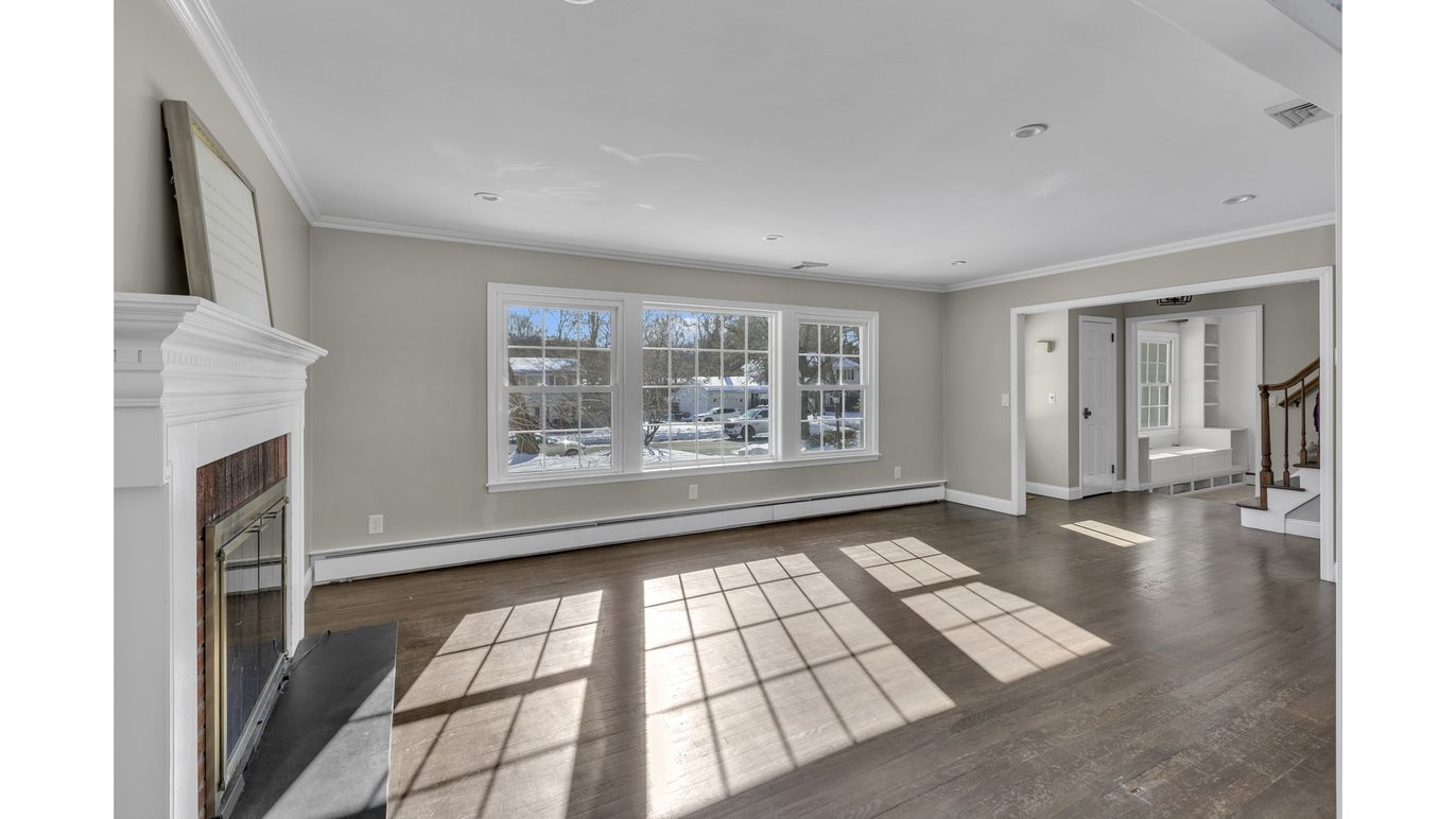 Empty room, Fireplace, Interior, Recessed Lighting, Wood Texture Flooring
