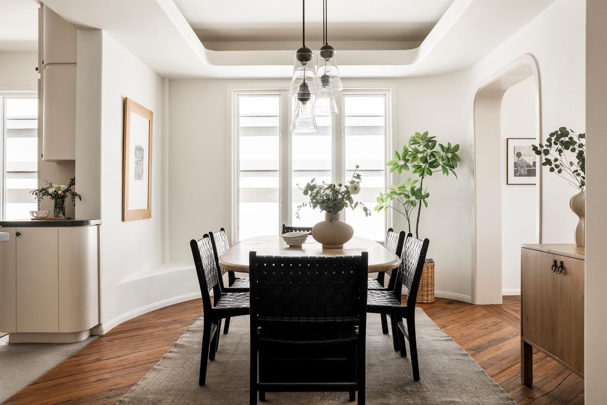 Dining room, Interior, Pendant Lights, Wood Texture Flooring