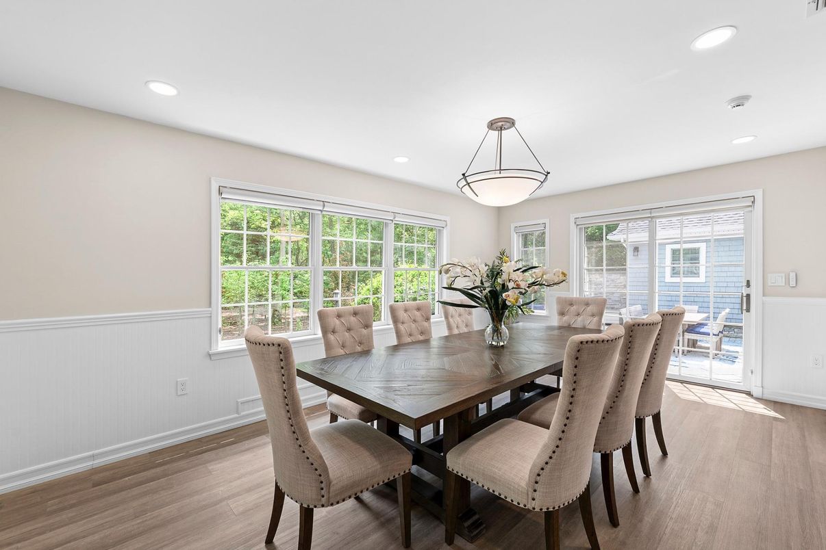 Dining room, Interior, Recessed Lighting, Wood Texture Flooring