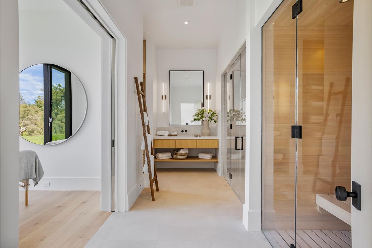 Bathroom, Glass Shower, Interior, Recessed Lighting, Wood Texture Flooring