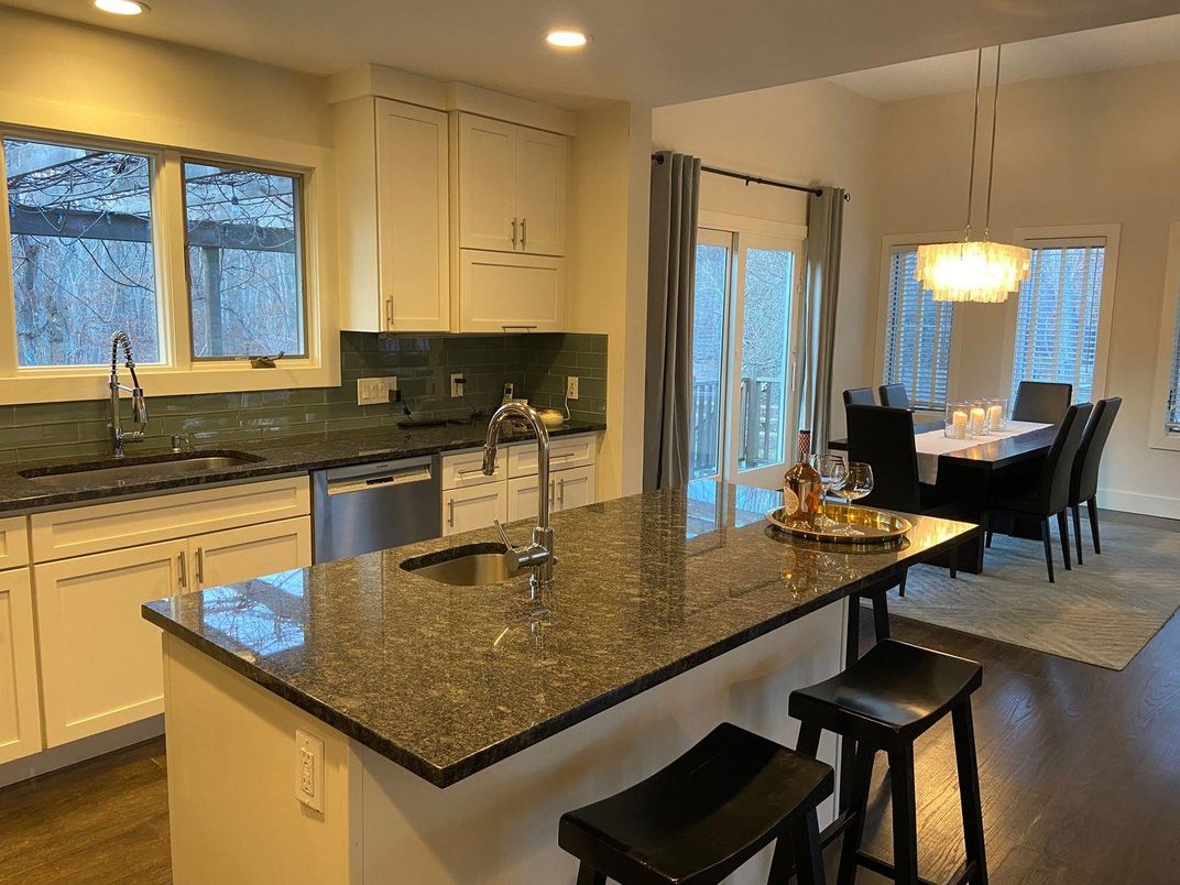 Dining room, Interior, Kitchen, Pendant Lights, Recessed Lighting, Stainless Steel Appliances, Wood Texture Flooring
