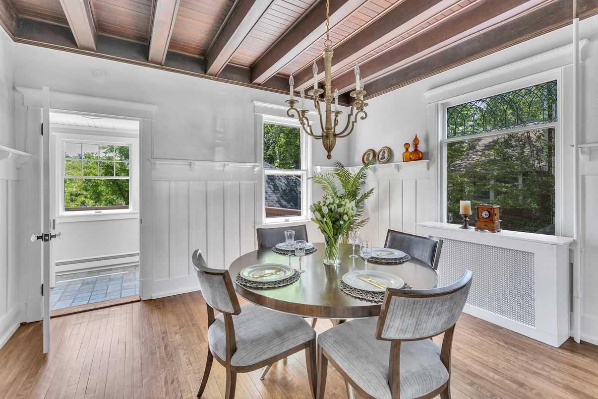 Chandelier, Dining room, Interior, Wooden Beams, Wooden Ceilings, Wood Texture Flooring