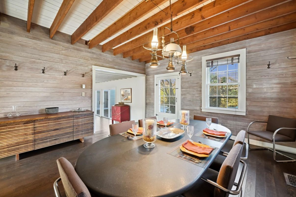 Dining room, Interior, Pendant Lights, Wooden Beams, Wooden Ceilings, Wood Texture Flooring, Wooden Walls