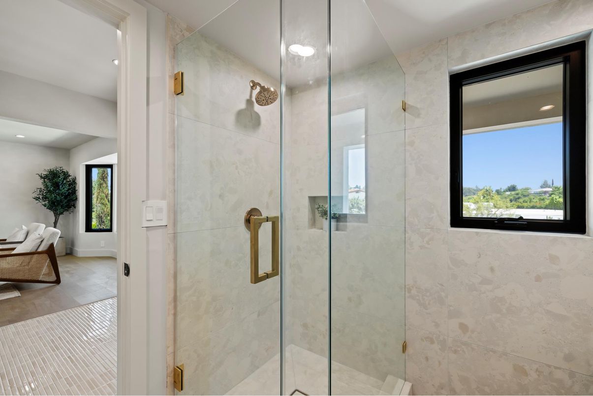 Bathroom, Glass Shower, Interior, Marble Walls, Recessed Lighting