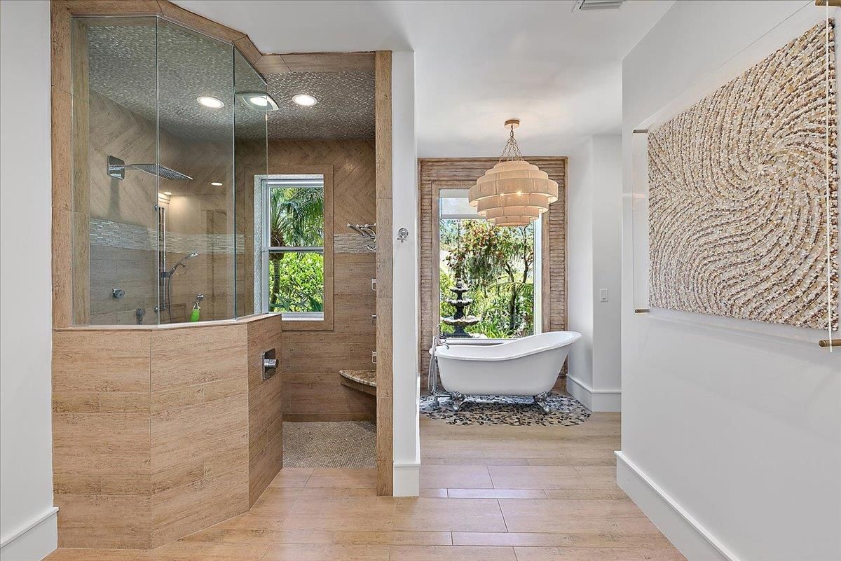 Bathroom, Chandelier, Free Standing Baths, Glass Shower, Interior, Recessed Lighting, Wood Texture Flooring