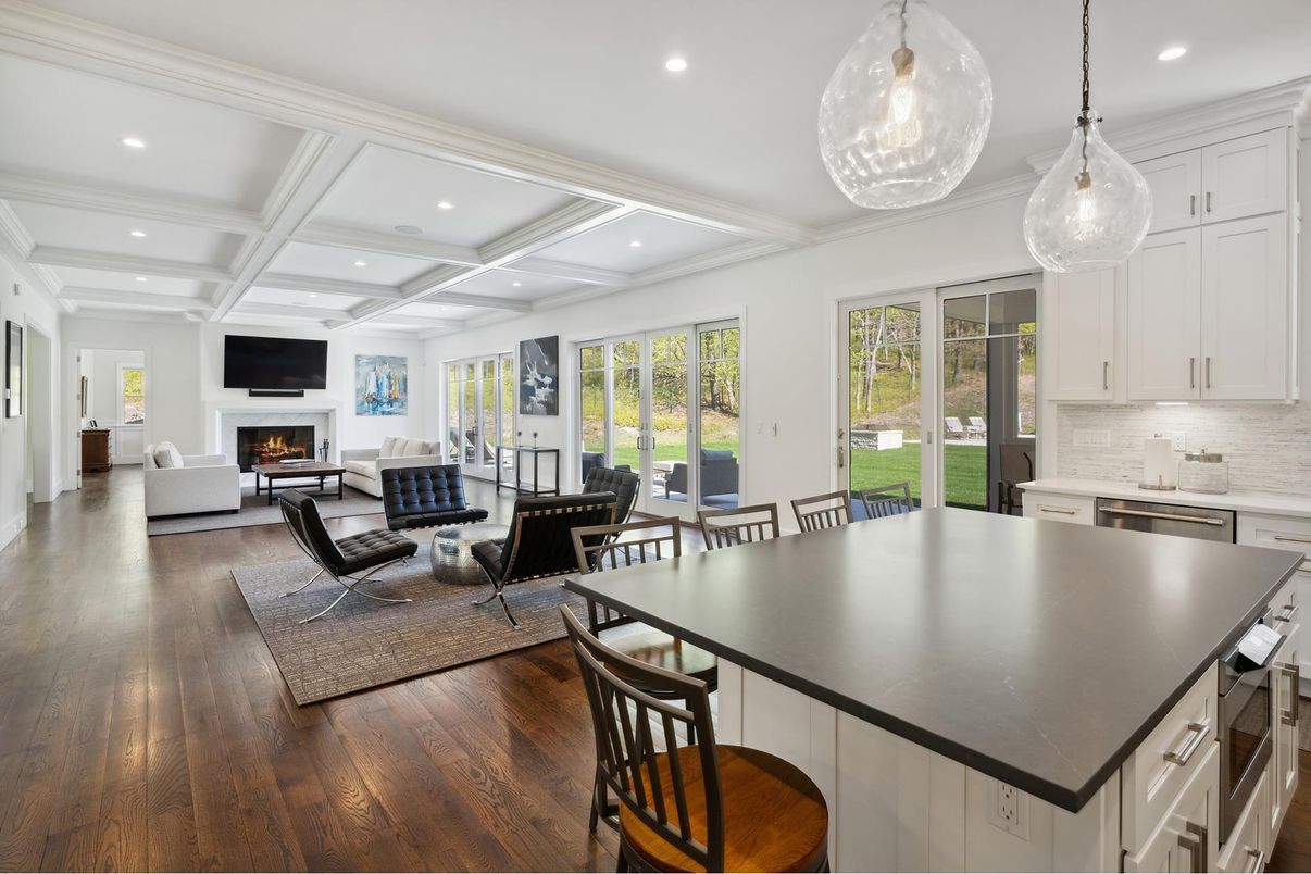 Dining room, Fireplace, Interior, Kitchen, Living room, Pendant Lights, Recessed Lighting, Wood Texture Flooring