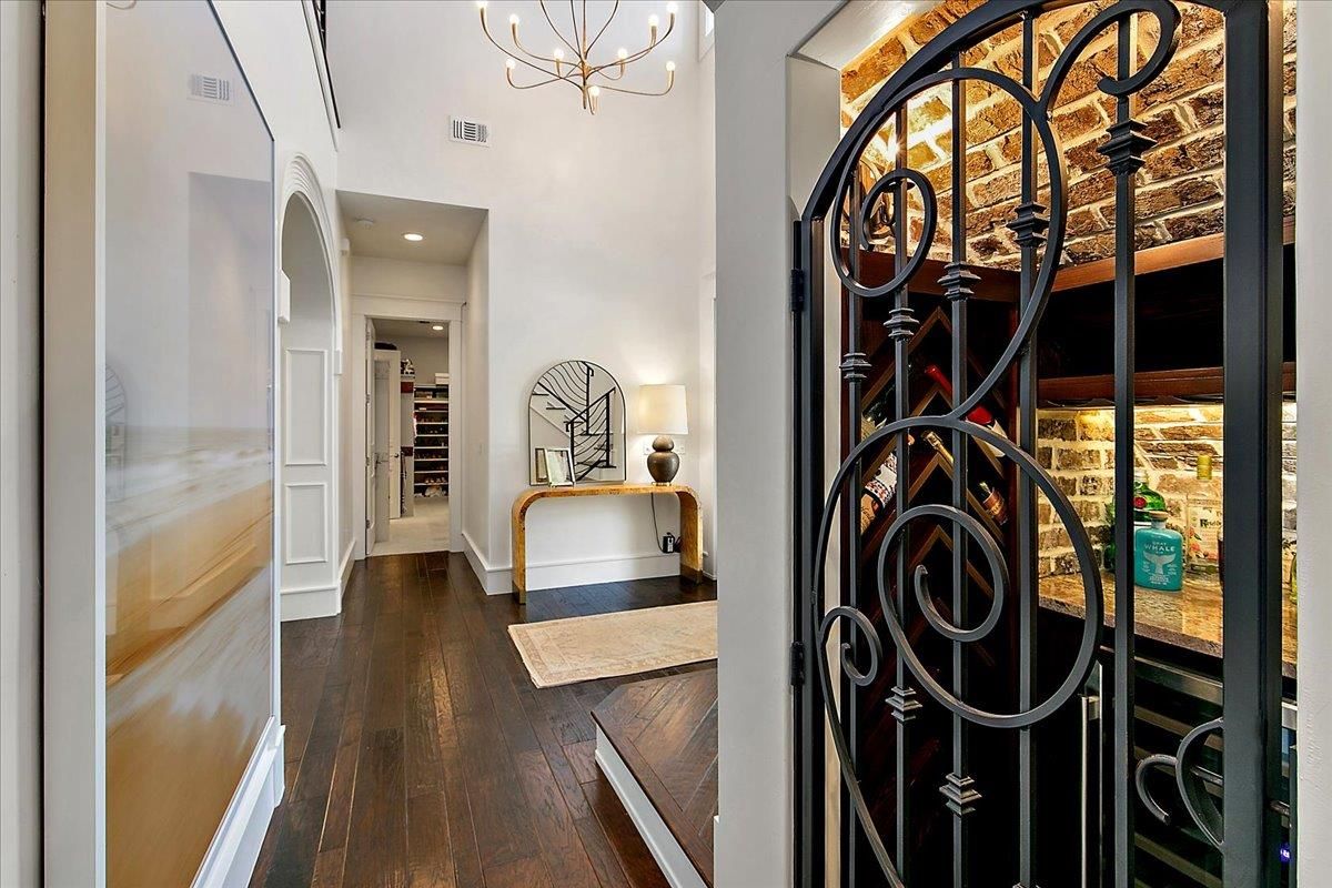 Chandelier, Interior, Recessed Lighting, Wine Storage, Wood Texture Flooring