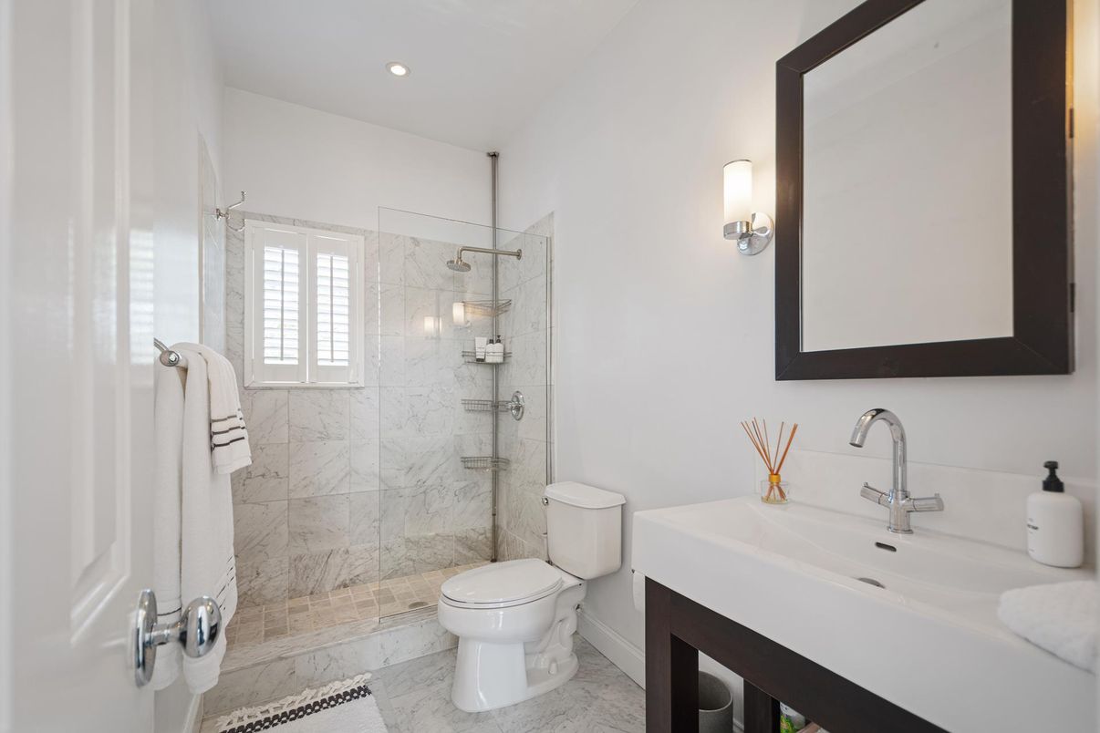 Bathroom, Glass Shower, Interior, Marble, Marble Walls, Recessed Lighting