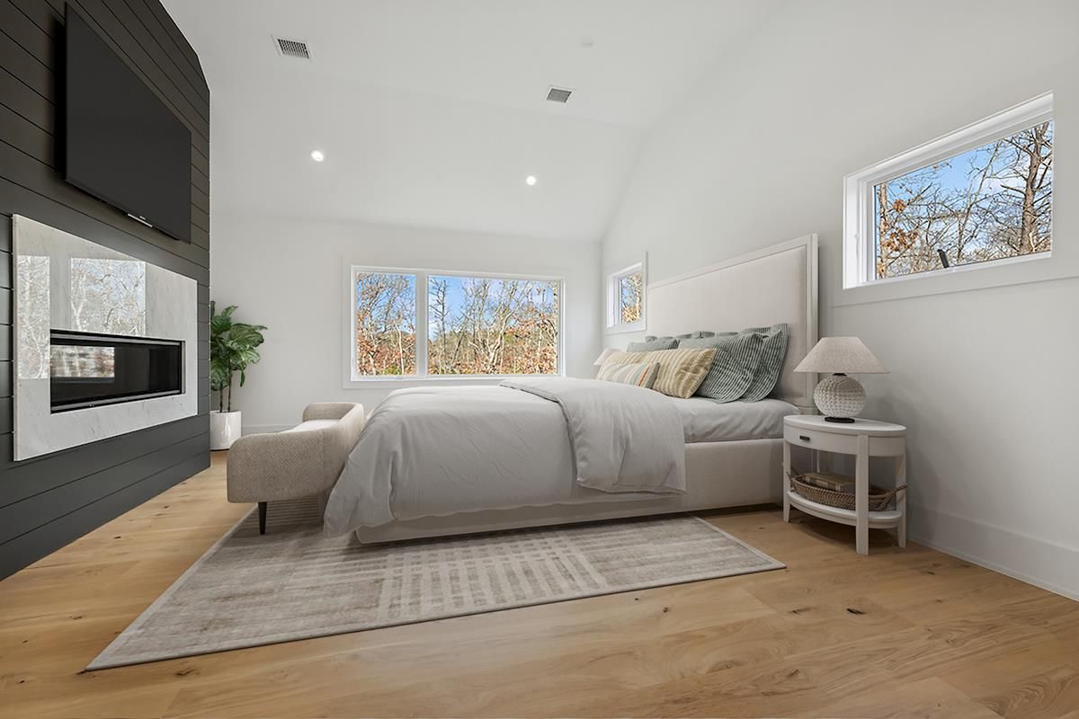 Bedroom, Fireplace, Interior, Recessed Lighting, Wood Texture Flooring