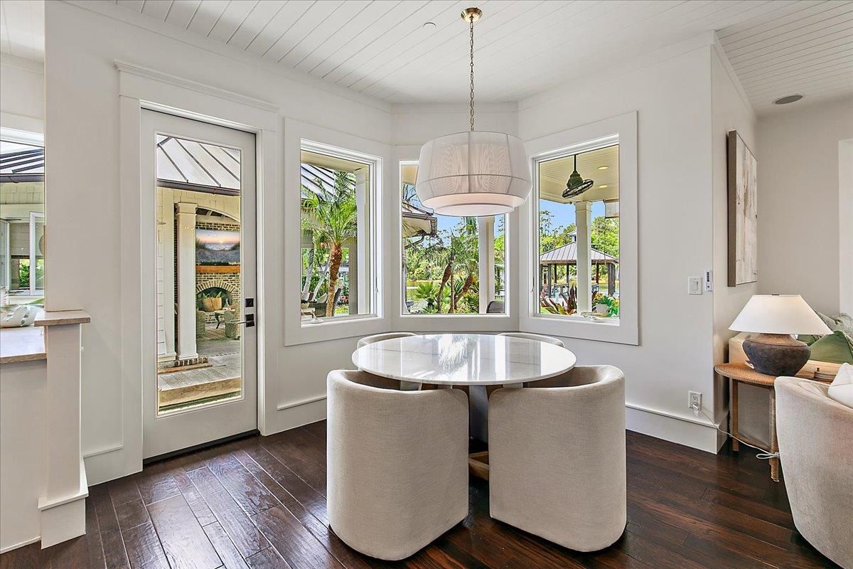 Dining room, Interior, Pendant Lights, Wood Texture Flooring