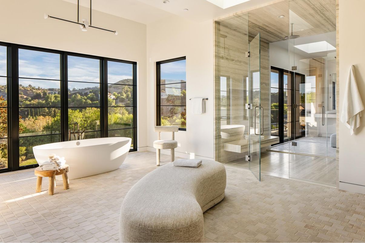 Bathroom, Free Standing Baths, Glass Shower, Interior, Recessed Lighting