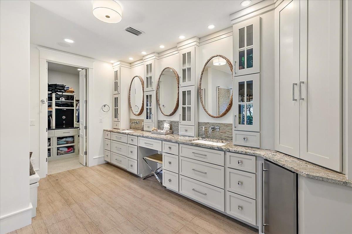 Bathroom, Dual Sink Vanities, Interior, Recessed Lighting, Wood Texture Flooring