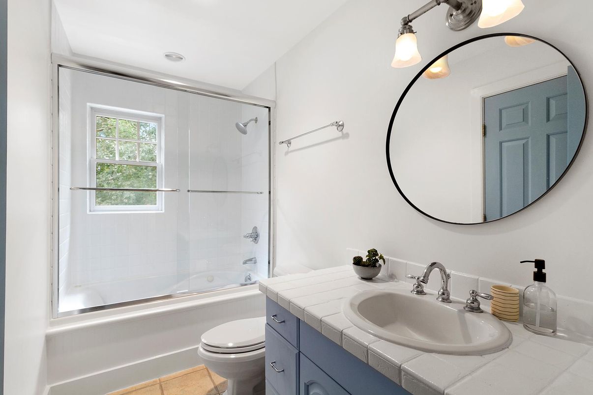 Bathroom, Glass Shower, Interior, Recessed Lighting, Tile Countertops
