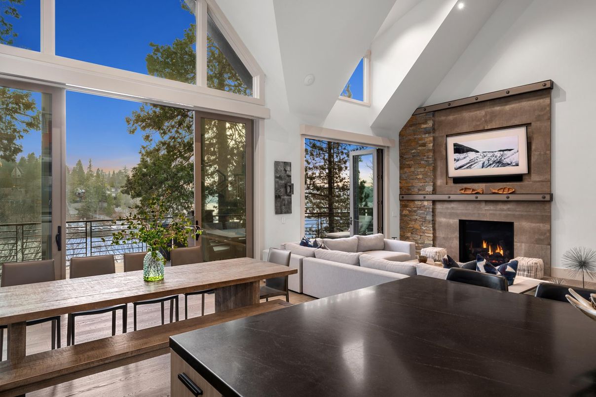 Fireplace, Interior, Living room, Recessed Lighting, Stone Walls, Wood Texture Flooring